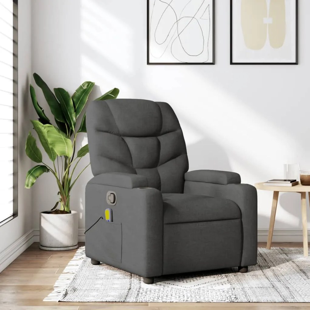 vidaXL Poltrona de massagens reclinável tecido cinzento-escuro