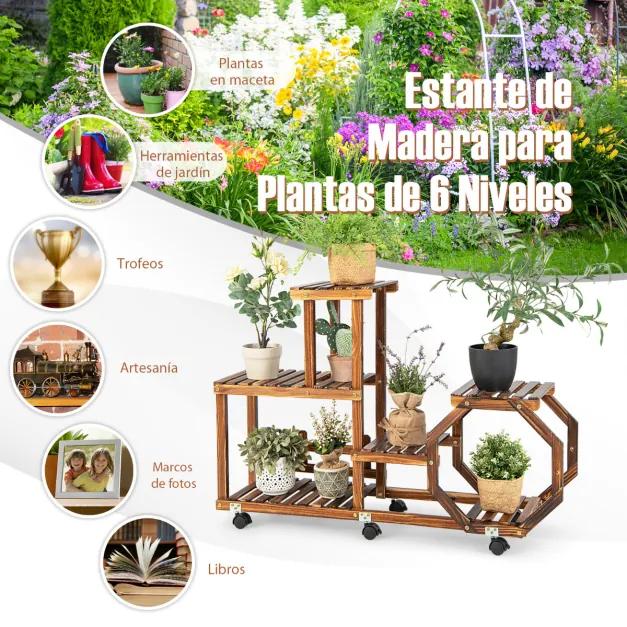 Prateleira de flores de madeira multicamada para plantas com rodas com trava para varanda e pátio de jardim 107 x 29 x 74 cm Castanho