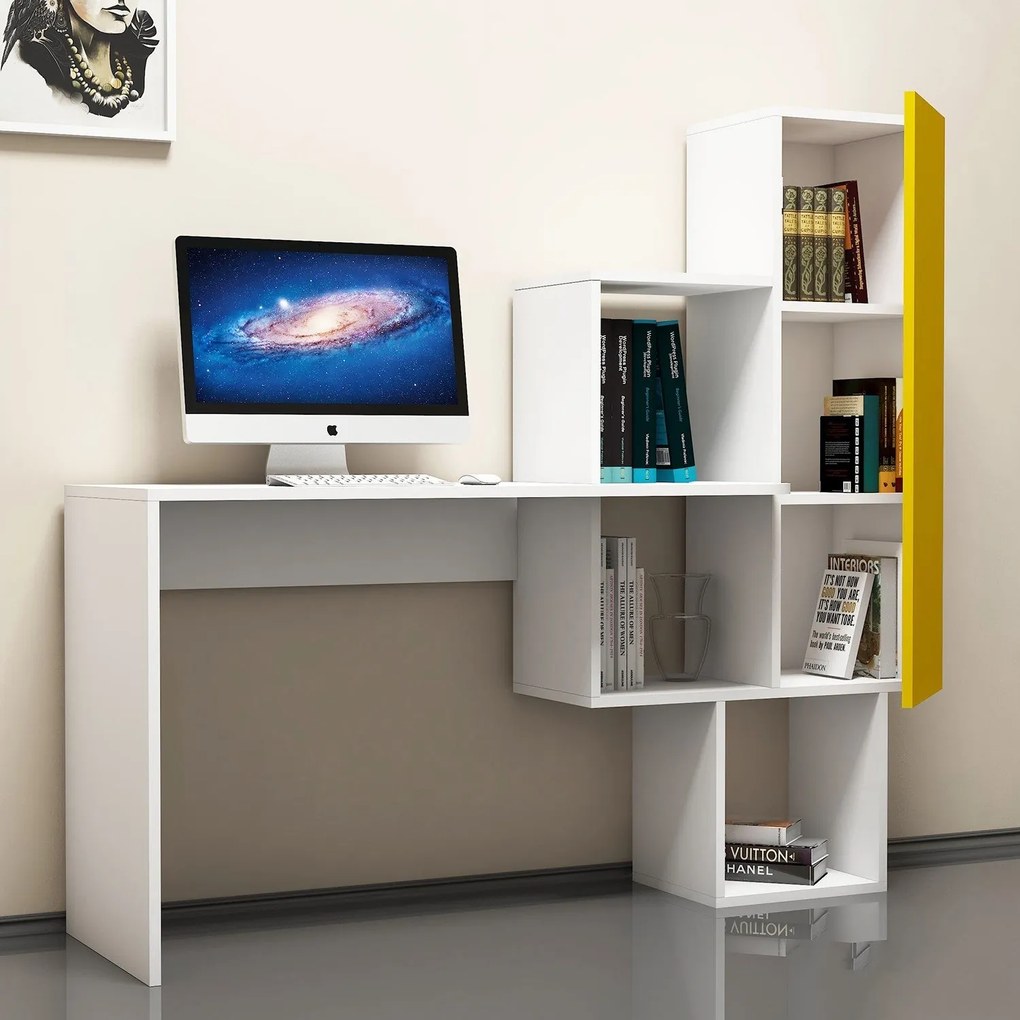 Secretária de Estudo Acelya – Branco/Amarelo – 145x74,8x45 cm