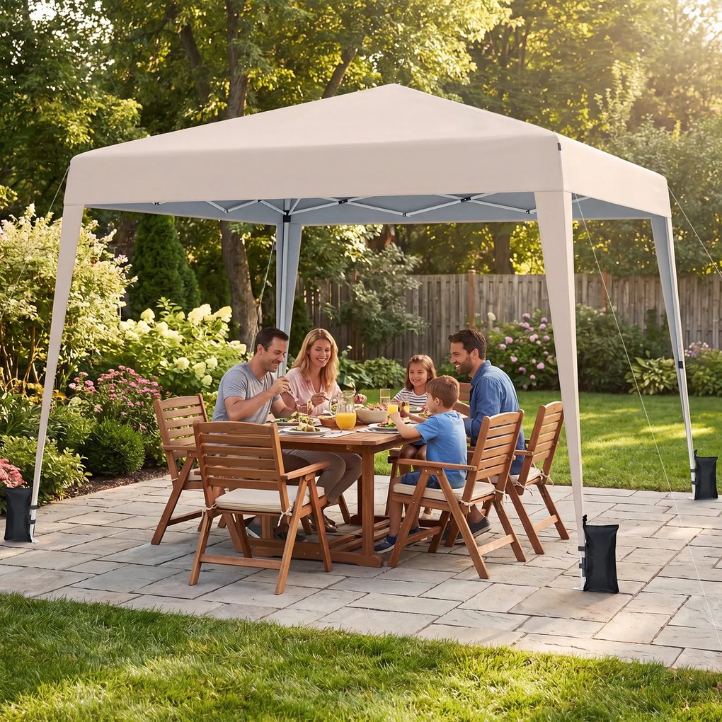 Tenda Dobrável para Exterior, 300 x 300 x 247-267 cm, Altura Regulável com 4 sacos pesos, Bege