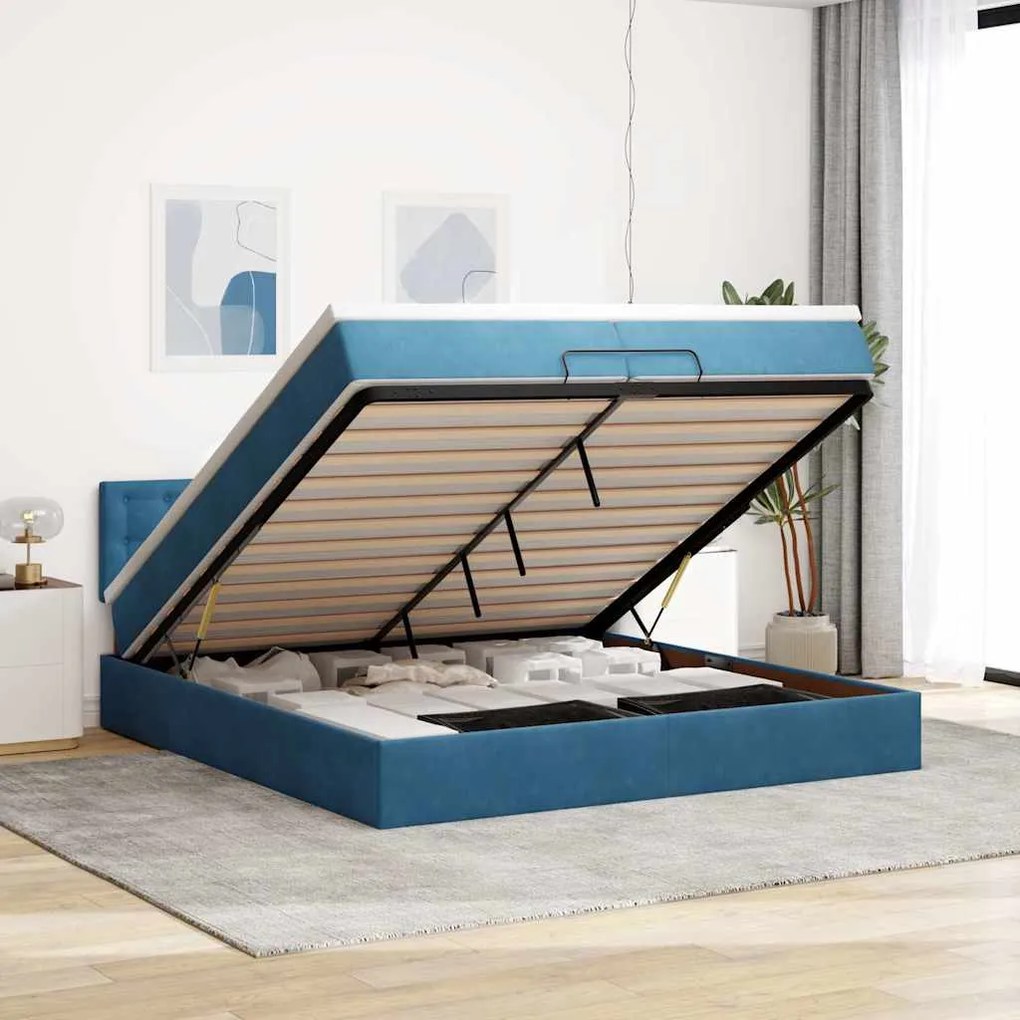Cama otomana com colchões/LEDs 200x200 cm veludo azul-escuro