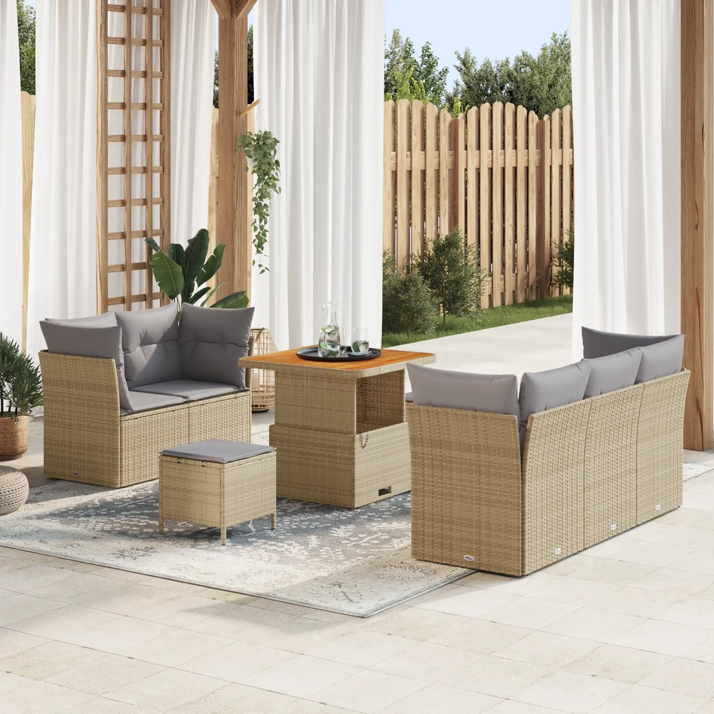 Conjunto de Sofás de Jardim vidaXL de 8 Peças com Almofadas Bege Rattan Polímero Acácia