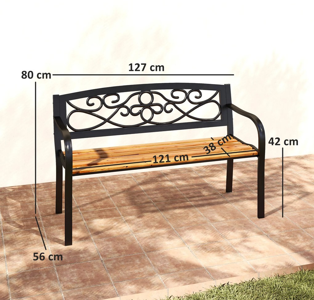 Banco de Jardim de 2 Lugares Banco de Exterior com Assento de Madeira e Estrutura de Aço 127x56x80 cm Madeira e Preto
