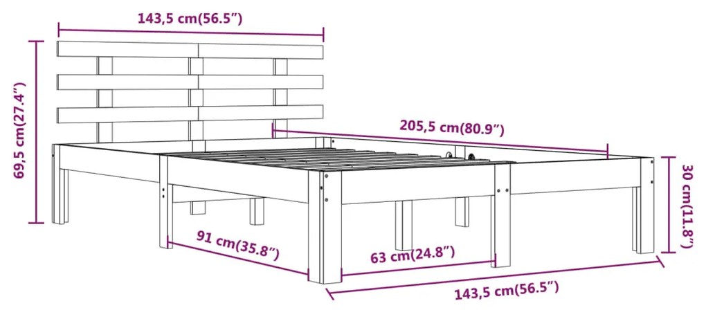 Estrutura de cama 140x200 cm madeira maciça branco