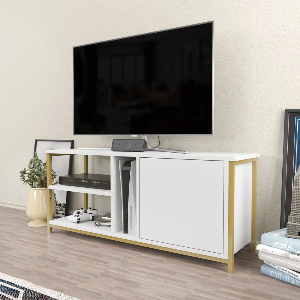Móvel TV Neola – Dourado e Branco – 120 cm x 35,3 cm x 50,8 cm