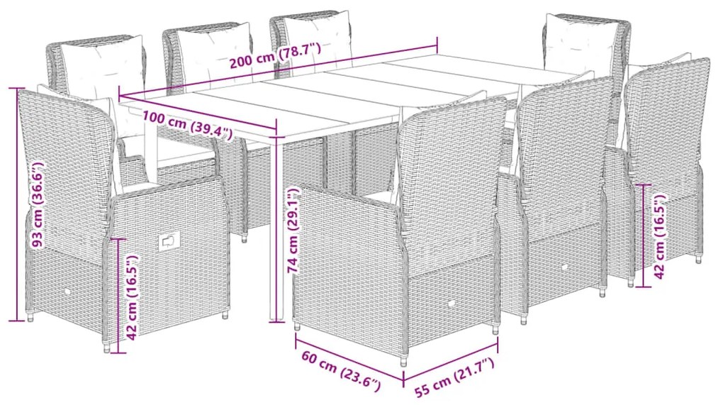 9 pcs conjunto jantar p/ jardim c/ almofadões vime PE castanho