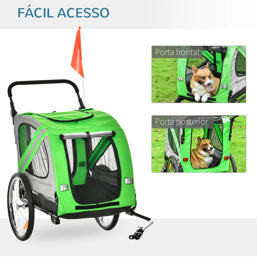 Reboque Bicicleta Cães 2 em 1 Transporte Animais Estimação Porta Enrolável 140x72,5x107,5cm Verde