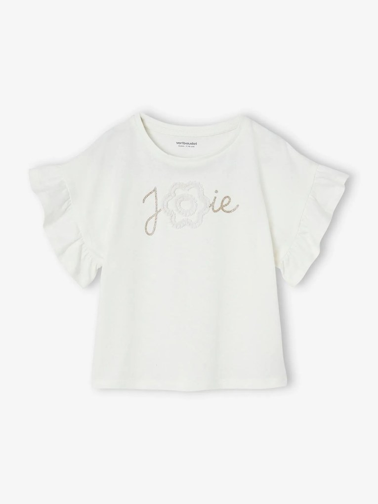 T-shirt de cerimónia com flor em relevo e letras com purpurinas, para menina branco