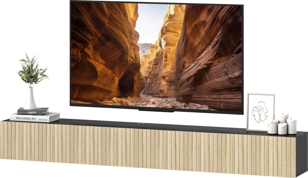 Móvel de televisão suspenso de 140 cm, móvel para televisor de 72 polegadas, 2 portas rebatíveis, 140 x 25 x 22 cm, madeira natural e preta