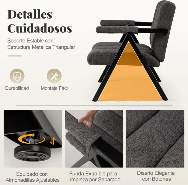 Poltrona lounge acolchoada com braços e estrutura em metal moderna Cinza + Preto