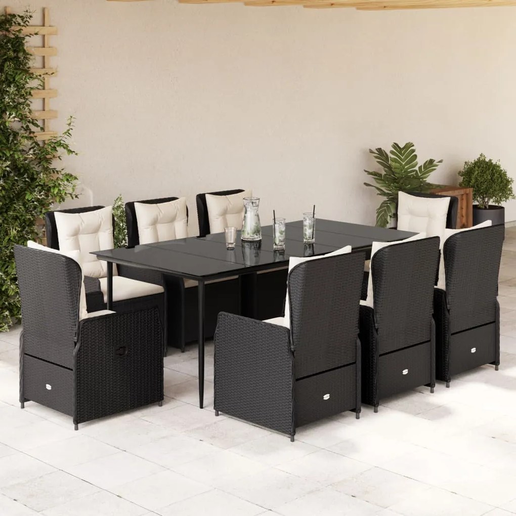 9 pcs conjunto de jantar p/ jardim c/ almofadões vime PE preto