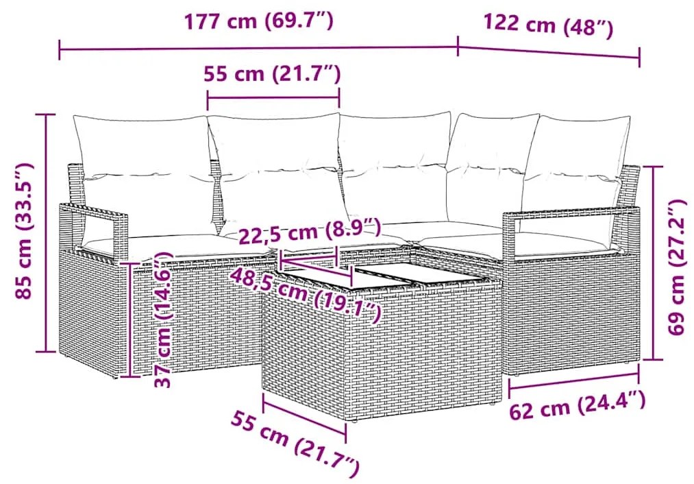 Conjunto de Sofá de Jardim com 5 Peças e Almofadas Rattan de Poliéster