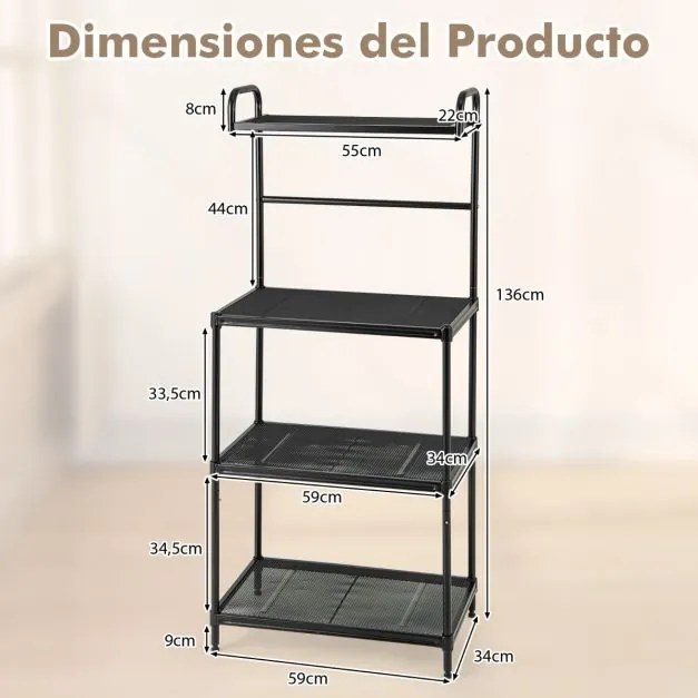 Estante de cozinha com 4 níveis para micro-ondas com estrutura metálica 60 x 34 x 136 cm Preto