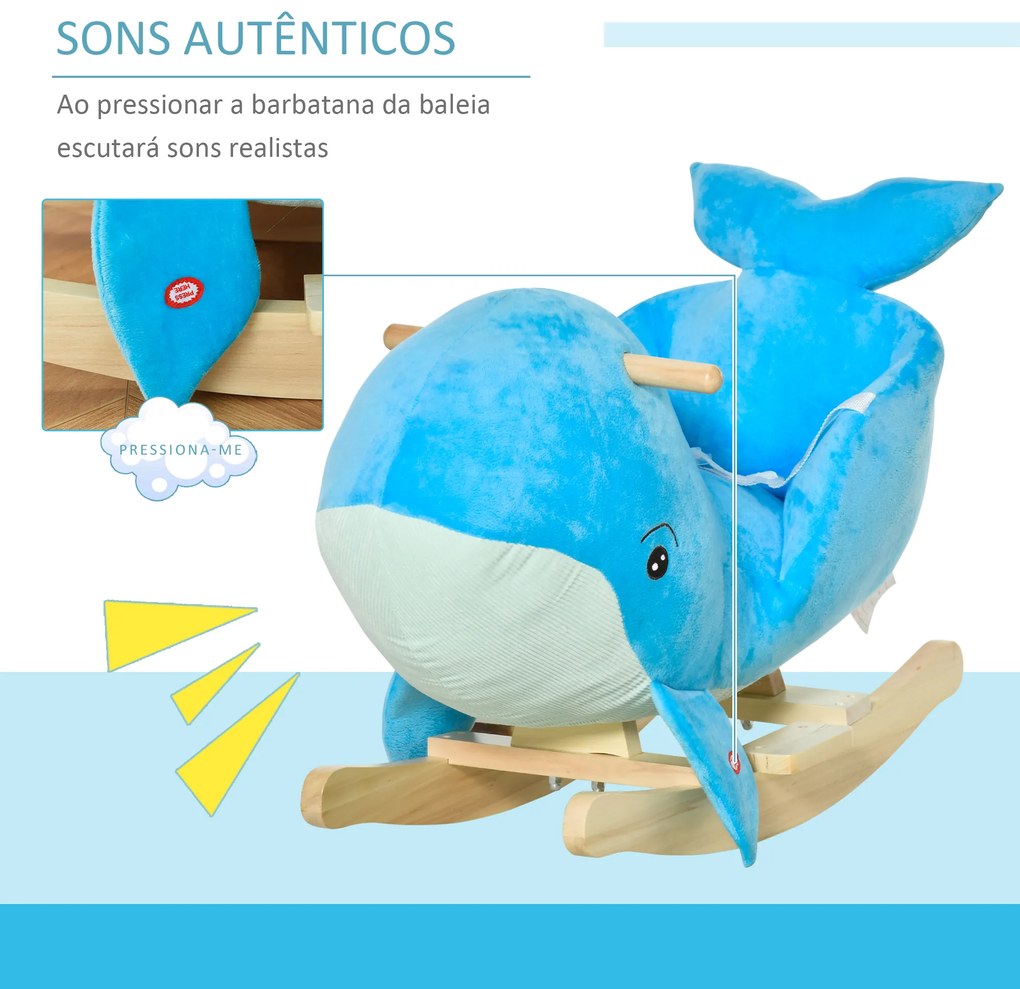 Baloiço com Forma de Baleia para Crianças de 18-36 Meses Baloiço de Pelúcia com Sons Cinto de Segurança e Apoio para os Pés 60x33x50 cm Azul