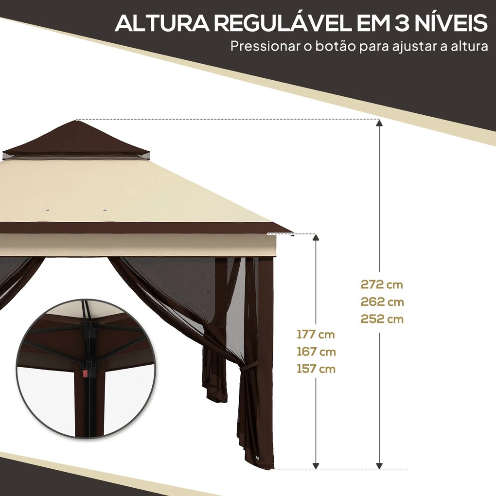 Tenda Dobrável 3,26x3,26x2,72 m com Altura Ajustável 4 Painéis de Malha Proteção UV30+ e Bolsa de Transporte Bege, café e preto