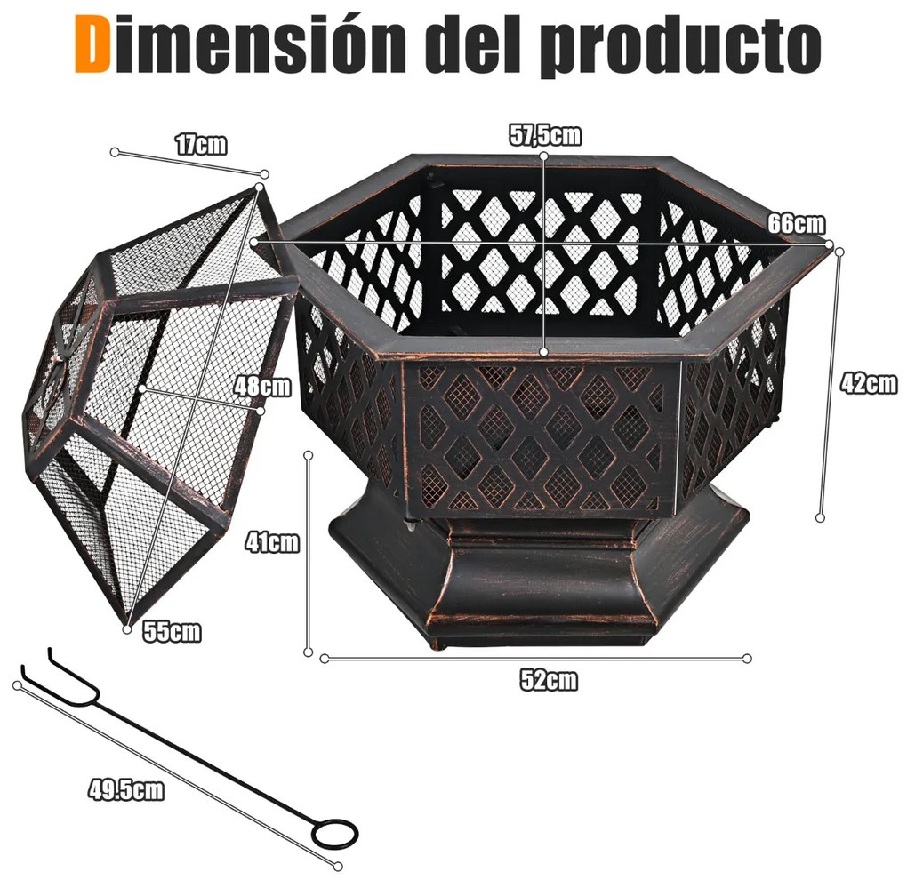 Braseira Exterior lenha portátil com 66 cm de forma hexagonal para lenha de fogo ao ar livre com tampa