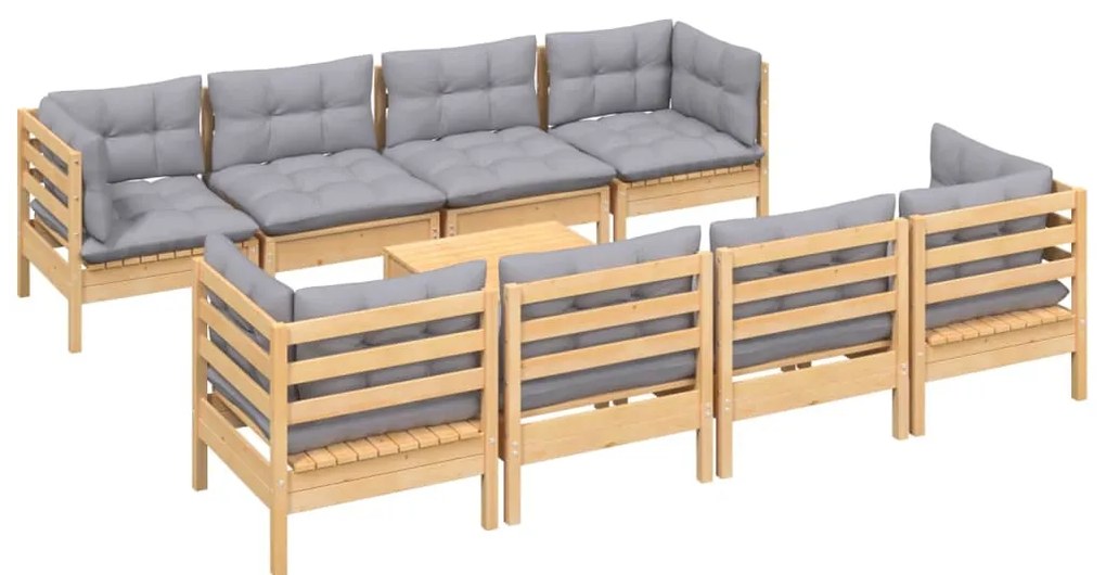 9 pcs conjunto lounge de jardim + almofadões cinza pinho maciço