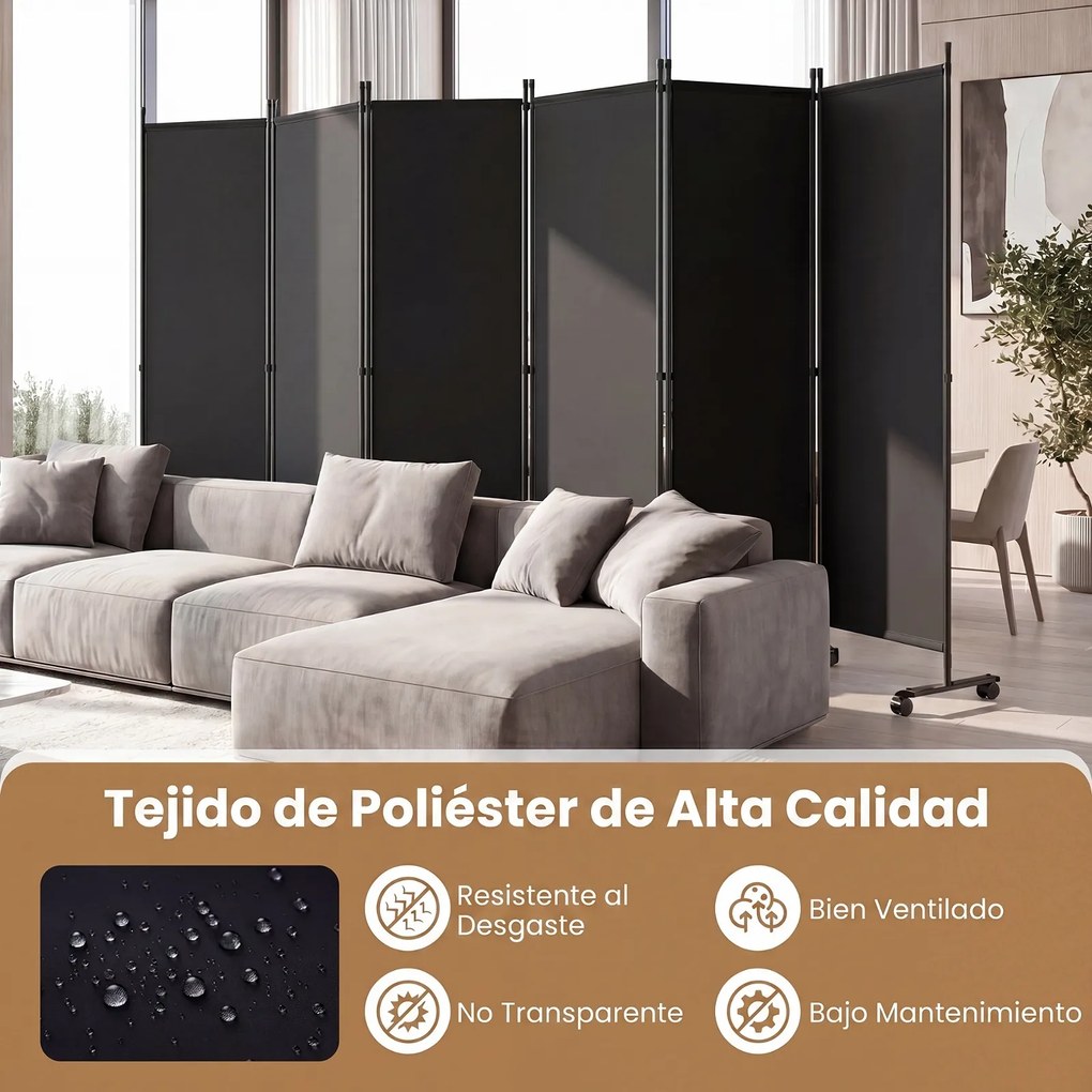 Biombo  Separador de Espaço Dobrável de 6 Painéis, 331,5 x 35,5 x 173 cm, Rodas com Travão, Preto