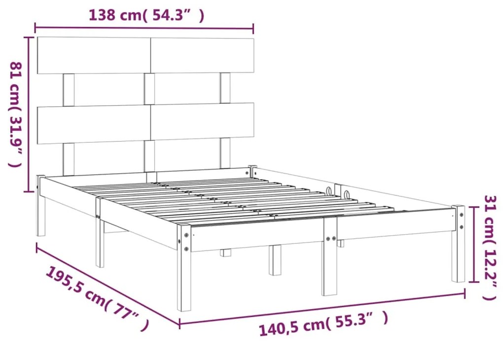Estrutura de cama casal 135x190 cm madeira maciça cinzento