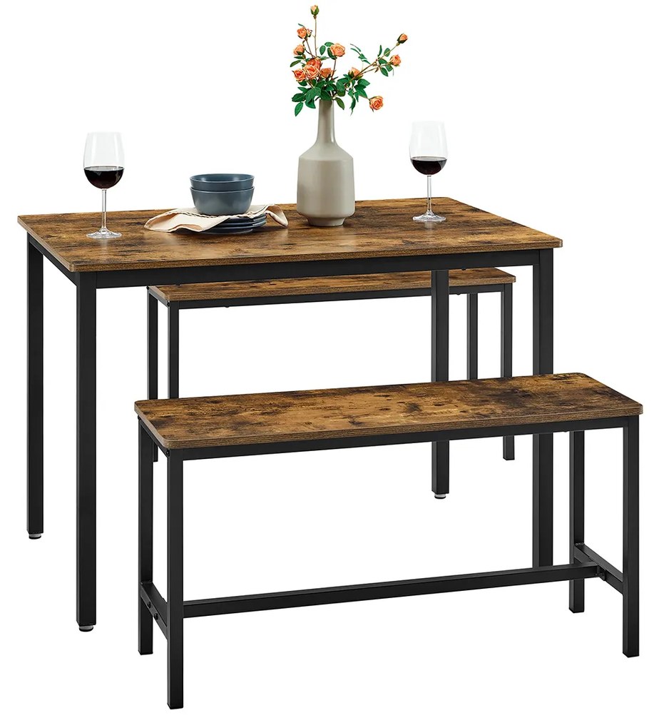 Conjunto de Mesa de jantar com 2 bancos, conjunto de cozinha Castanho Vintage + Preto