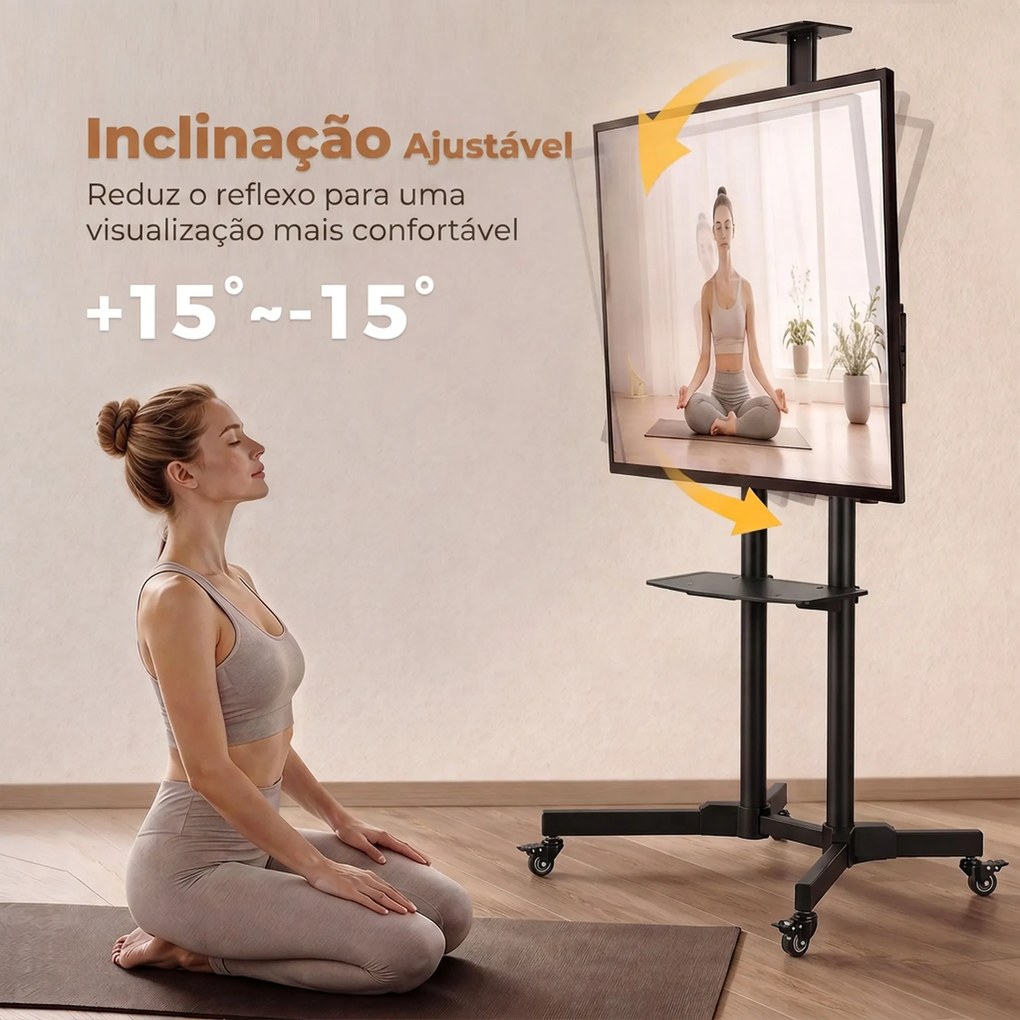 Suporte para TV com Rodas 32"-75" Altura Regulável Inclinação ±15° e 2 Prateleiras Preto