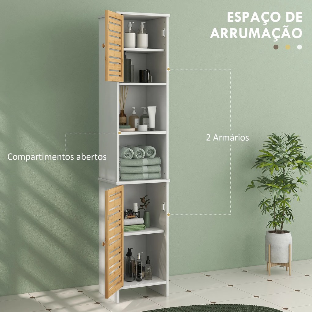 Coluna Casa de Banho Móvel Auxiliar Casa de Banho com Prateleiras Ajustáveis e Portas de Bambu 35x30x170 cm Branco e Madeira