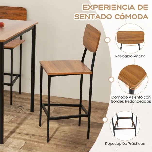 Conjunto de mesa de jantar alta e 4 cadeiras altas de 5 peças com estrutura em aço para casa ou restaurante Castanho escuro