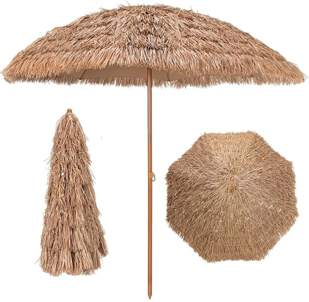 Guarda-sol 243 cm em palha Plastico PP tipo havaiano (BASE NÃO INCLUIDA) com 8 varas dobrável natural