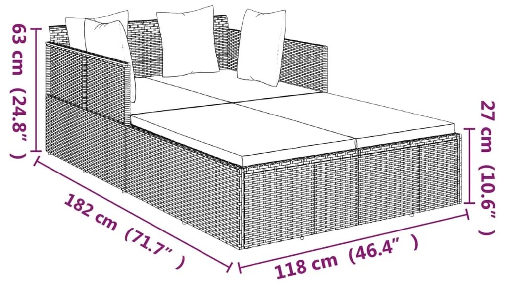 Espreguiçadeira c/ almofadões 182x118x63 cm vime PE castanho