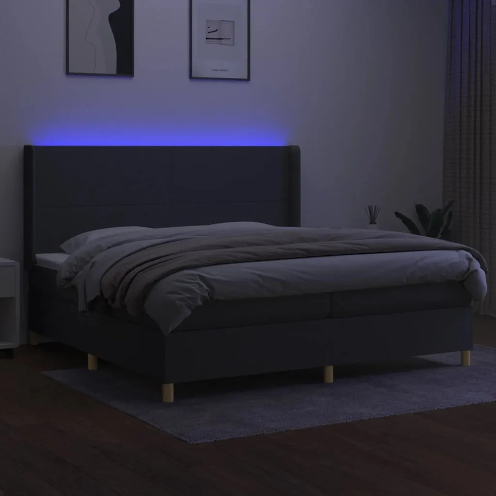 Cama box spring c/ colchão e LED 200x200 cm tecido cinza-escuro