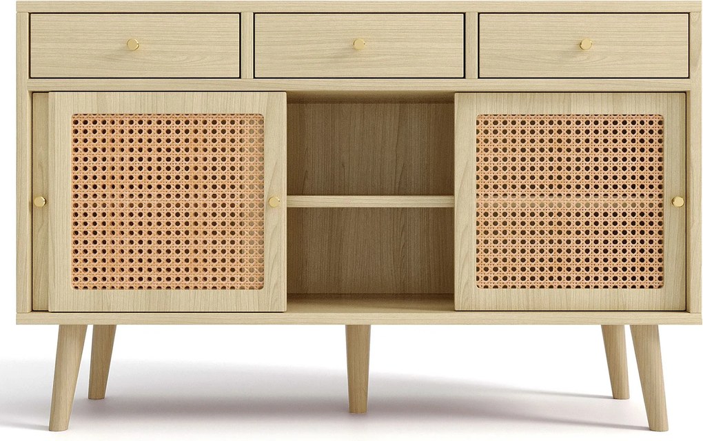 Aparador com 3 gavetas e 3 portas deslizantes, tecido de rattan, 120x40x78 cm, Cor natural