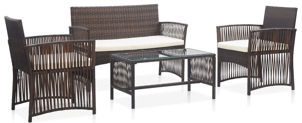 4 pcs conjunto lounge jardim c/ almofadões vime PE castanho