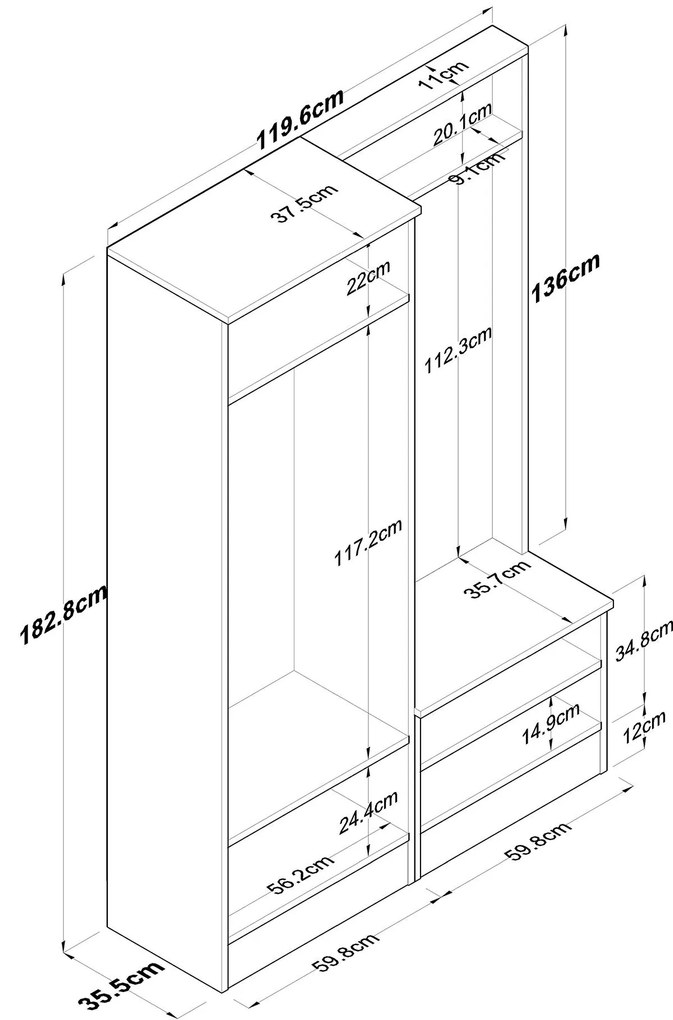 Cabide de Entrada P6 – Branco e Nogueira – 119,6 x 182,8 x 35,5 cm