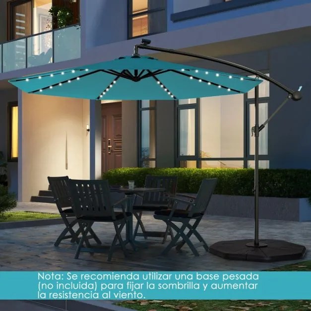 Guarda-sol Solar 3M com 40 Lâmpadas Painel Solar Ajuste de Inclinação com Base Cruzada (SEM PESOS) Iluminado para Pátio Jardim Turquesa