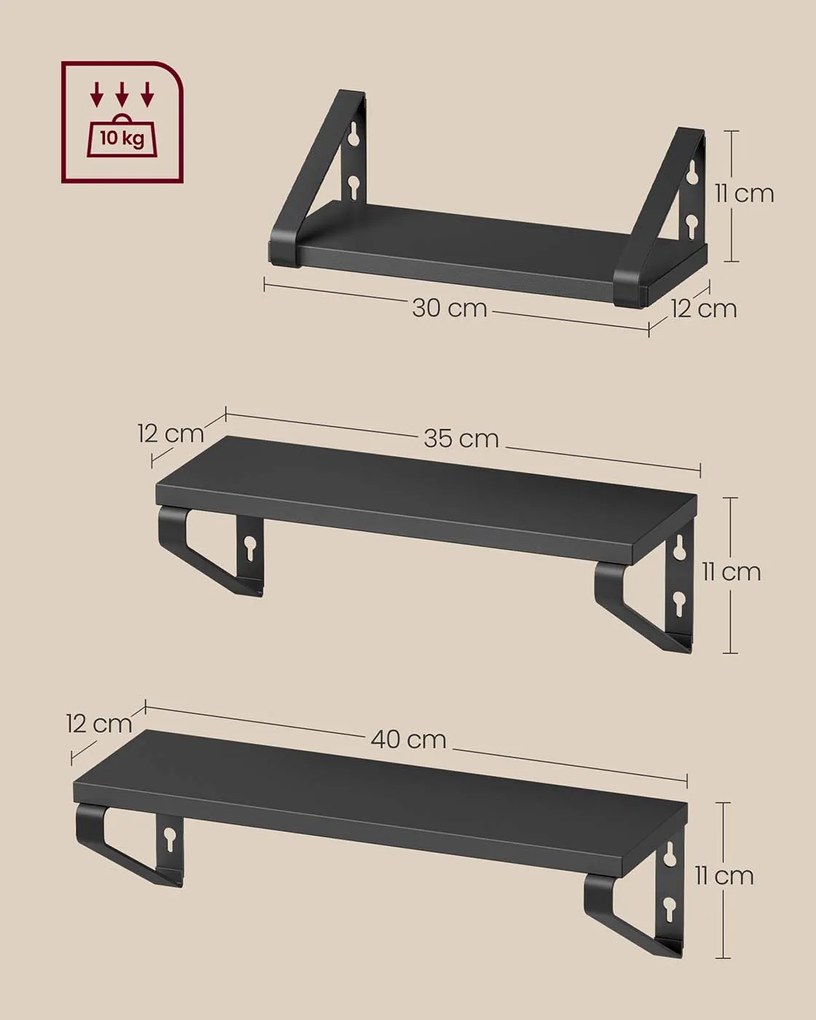 Conjunto de 3 prateleiras de parede com 2 opções de montagem Preto-Preto mate