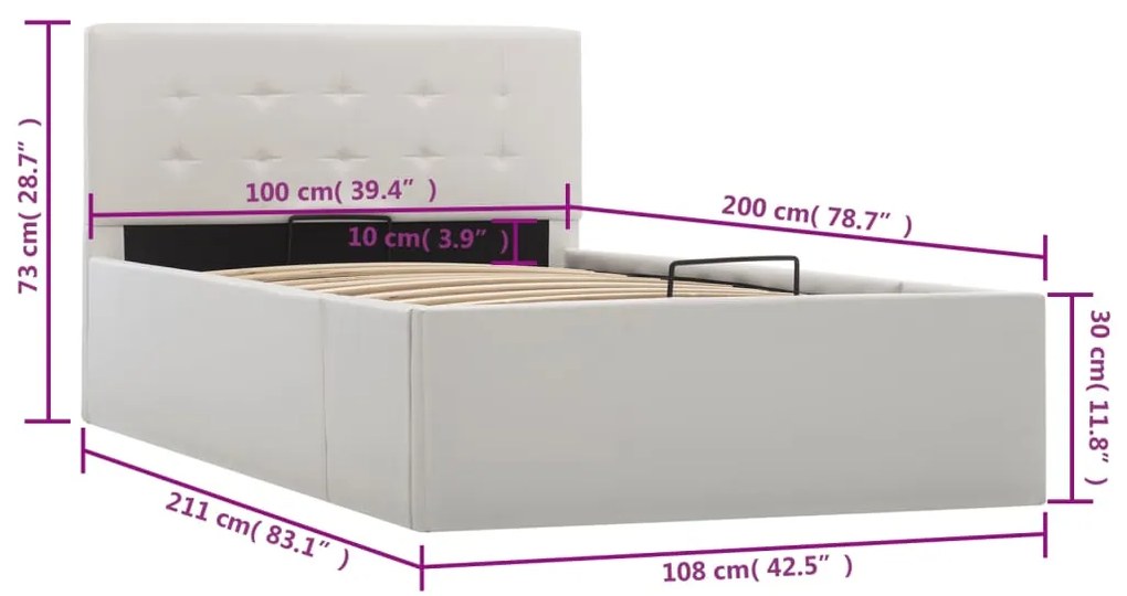 Cama hidráulica c/ arrumação 100x200cm couro artificial branco