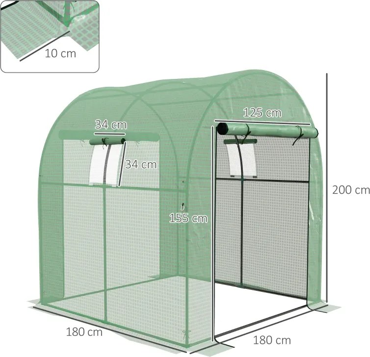 Estufa de Exterior 180x180x200 cm com 2 Portas Enroláveis 2 Janelas em Rede Cobertura PE 135g/m² Anti-UV Cultivo e Plantas Verde