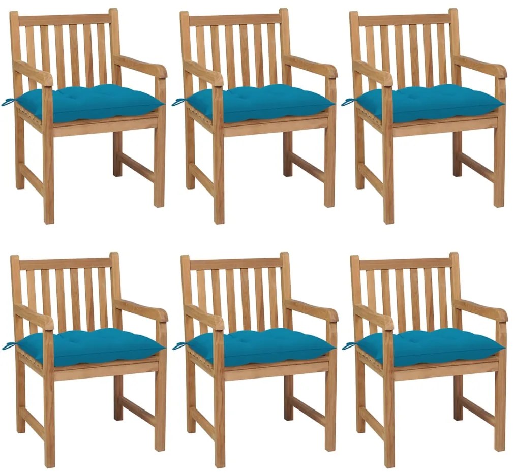 Cadeiras de jardim c/ almofadões azul-claro 6 pcs teca maciça