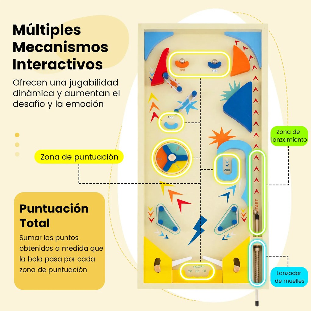 Mesa de Pinball de Madeira, 55 x 26 x 9,5 cm, Jogo Educativo Infantil, Multicolorida