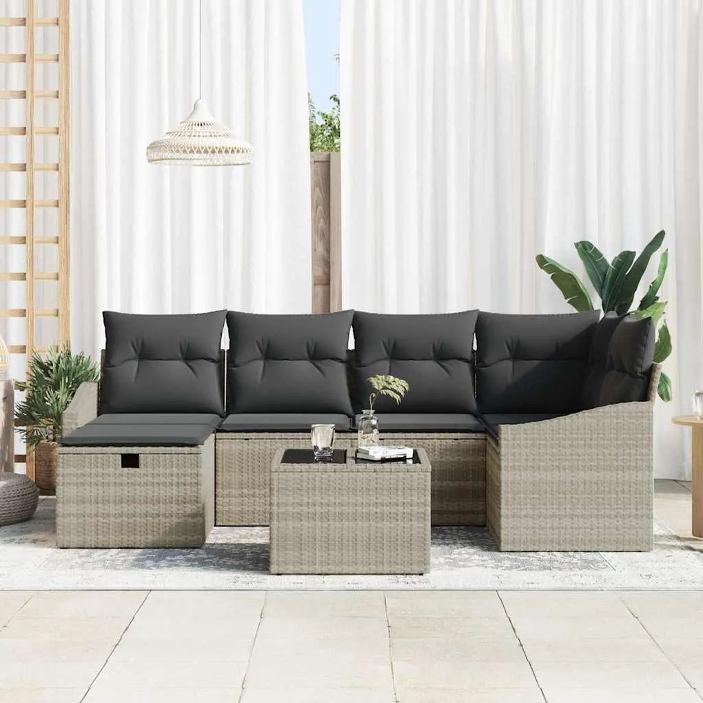 Conjunto de Sofá de Jardim de 7 Peças com Almofadas em Rattan PE Cinza