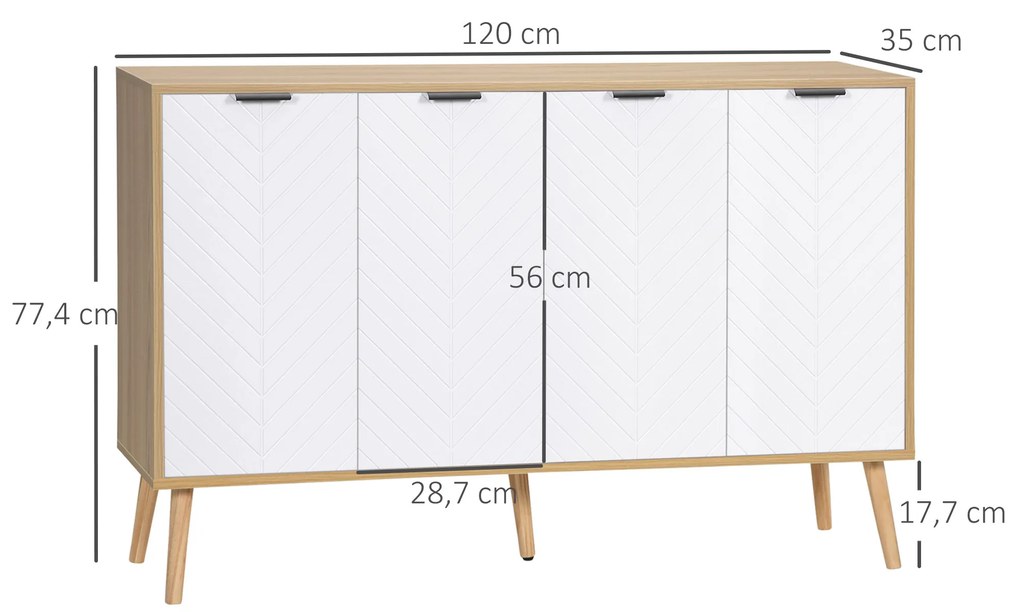 Aparador de Cozinha Moderno com Prateleiras Ajustáveis 2 Armários e Anti-Tombo 120x35x77,4 cm Branco e Madeira