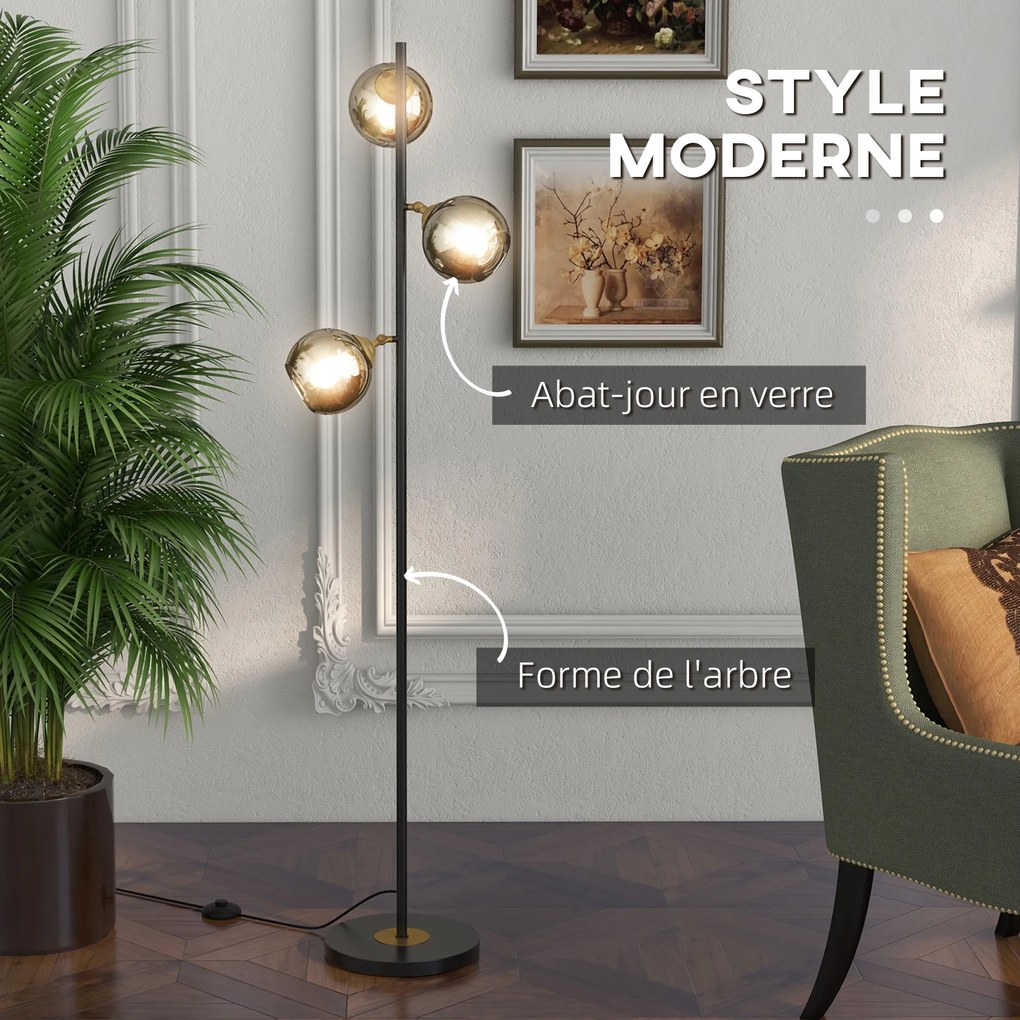 Candeeiro de pé para sala de estar em metal com 3 abajures esféricos em metal cromado, 40 W, Ø 36 x 162 cm (altura), preto e cinzento