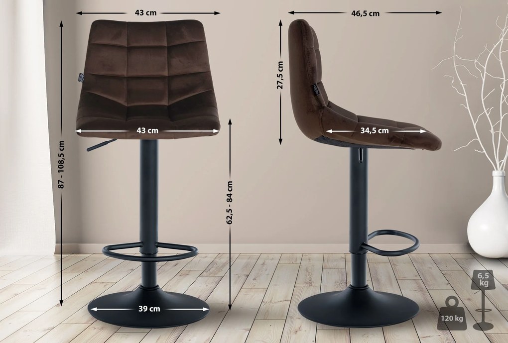 Conjunto de 2 bancos de bar Jerry em veludo com estrutura preta 87-108,5 x 43 x 46,5 cm Castanho