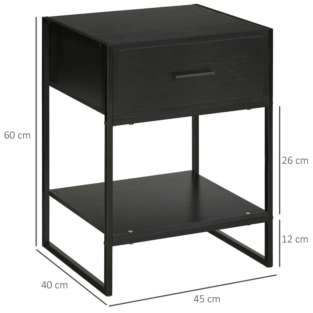 Mesa de Cabeceira Mesa Auxiliar com 1 Gaveta e Prateleira de Armazenamento Estilo Moderno para Quarto 45x40x60cm Preto