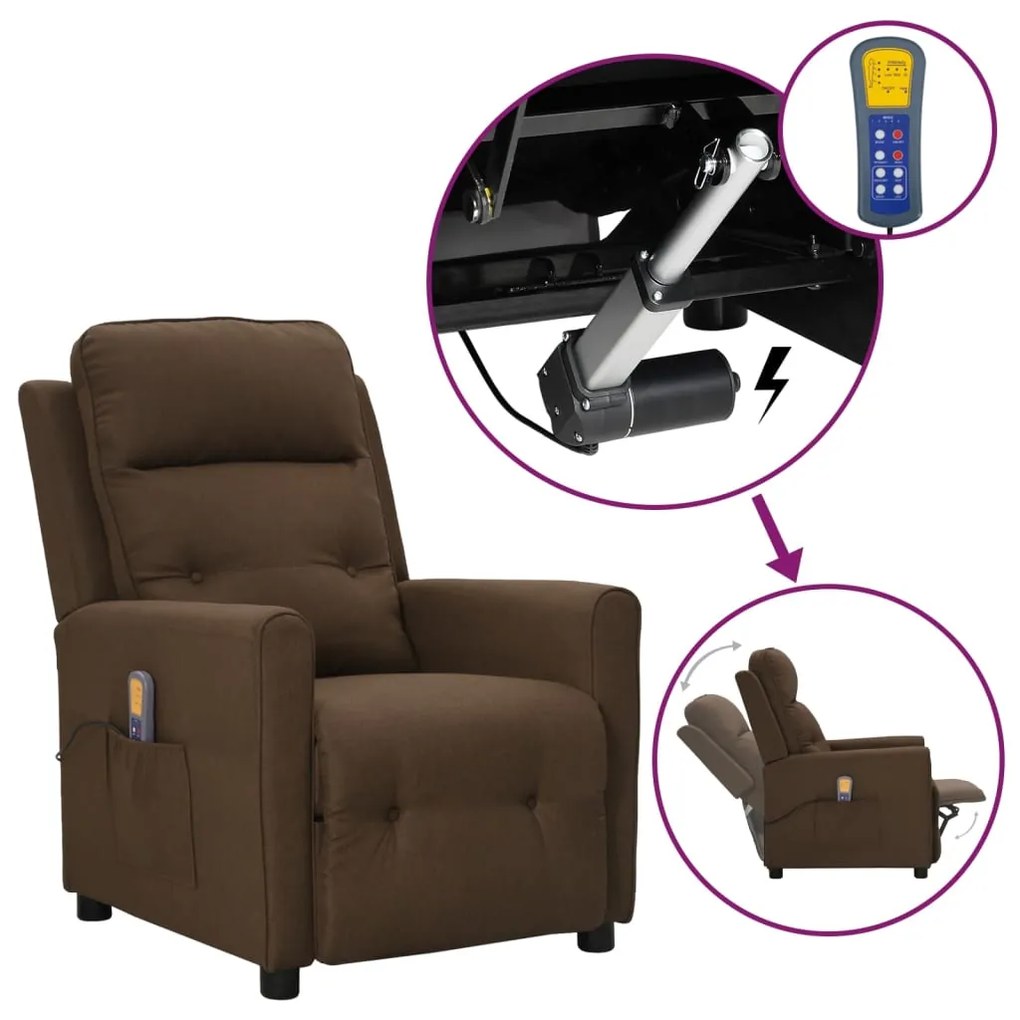 vidaXL Poltrona elevatória de massagens tecido castanho