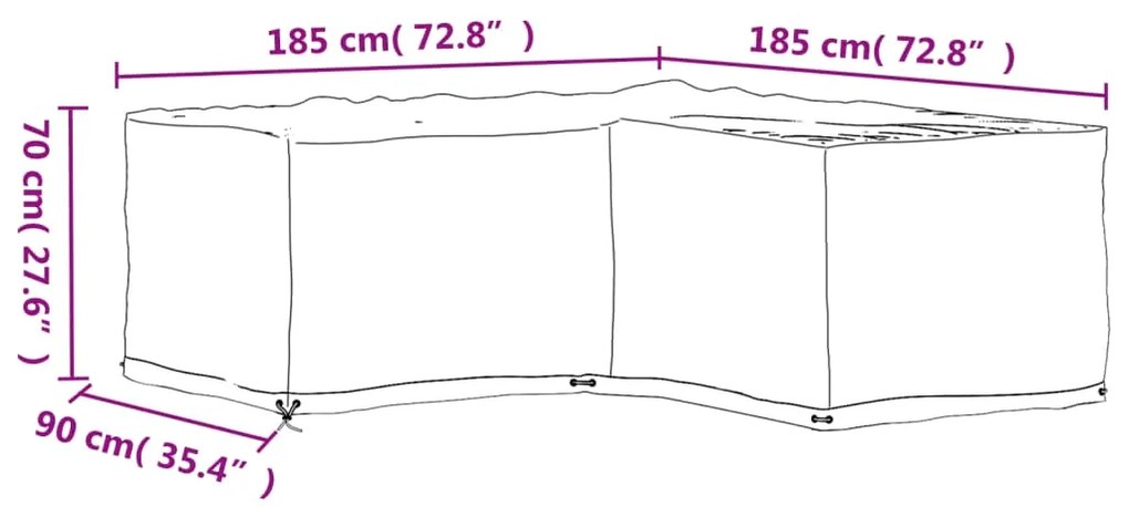 Capa em forma de L p/ mobília de jardim 12 ilhós 185x185x70 cm