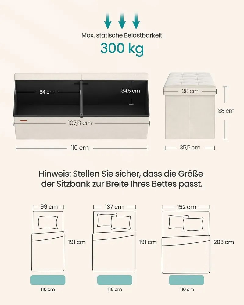 Banco com espaço de arrumação e tampa rebatível 38 x 110 x 38 cm bege cappuccino