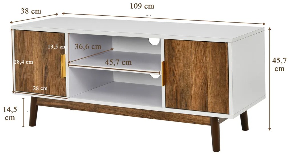 Móvel de TV Moderno de 2-Portas para TV até 50&quot; com 2 Furos para TV por Cabo Suporte para Sala de Estar 109 x 38 x 46 cm Branco