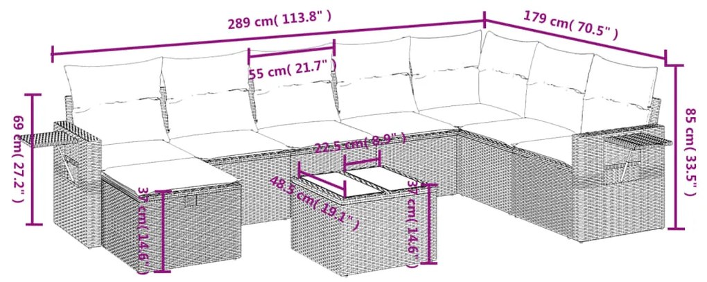 9 pcs conjunto sofás p/ jardim com almofadões vime PE cinzento