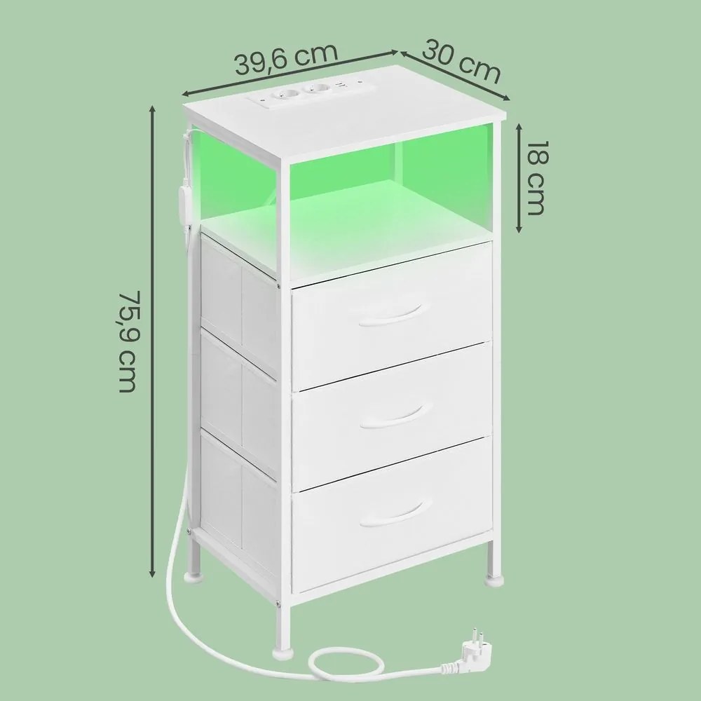 Mesa de cabeceira 30 x 39,6 x 75,9 cm com iluminação LED e base de carregamento, com 3 gavetas e compartimento aberto, branca